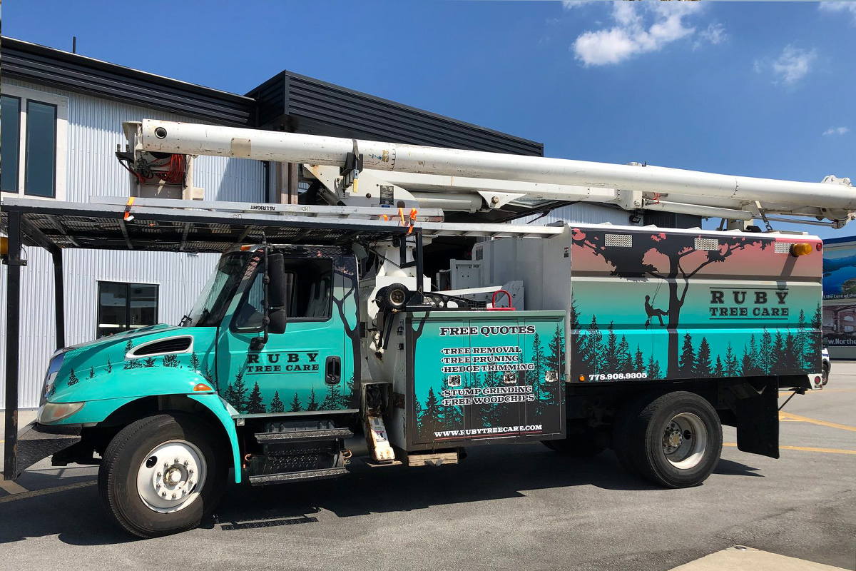 A truck labeled "Ruby Tree Care," parked near a building, features a graphic of trees and an arborist climber on the side. The truck is equipped with an elevated work platform.