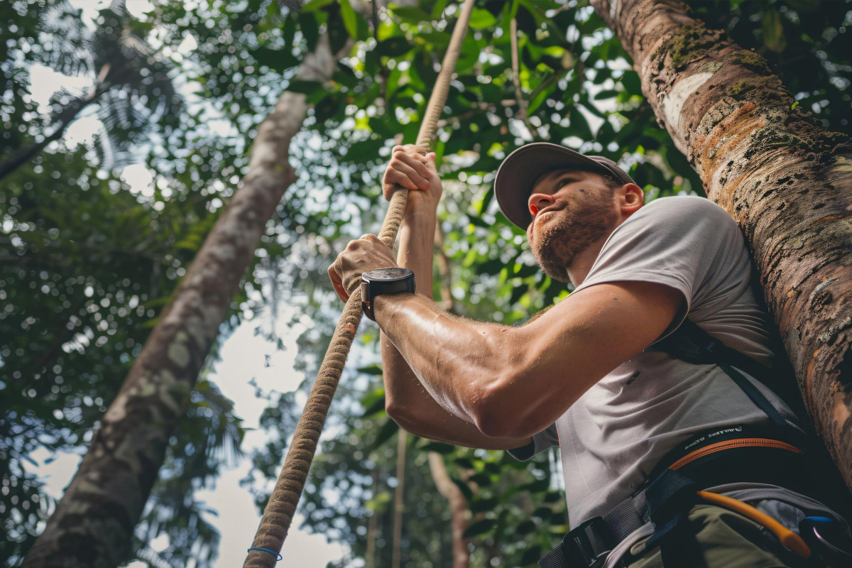 An arborist wearing a white shirt, cap, and wristwatch climbs a rope in a dense forest, with sunlight filtering through the leaves above.