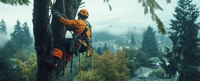 A person in climbing gear is suspended from a tree, using ropes for support. They are surrounded by a misty forested landscape with mountains in the background.