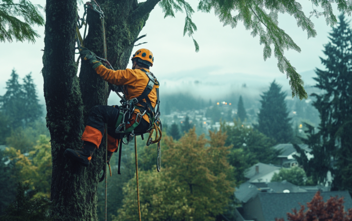 A person in climbing gear is suspended from a tree, using ropes for support. They are surrounded by a misty forested landscape with mountains in the background.