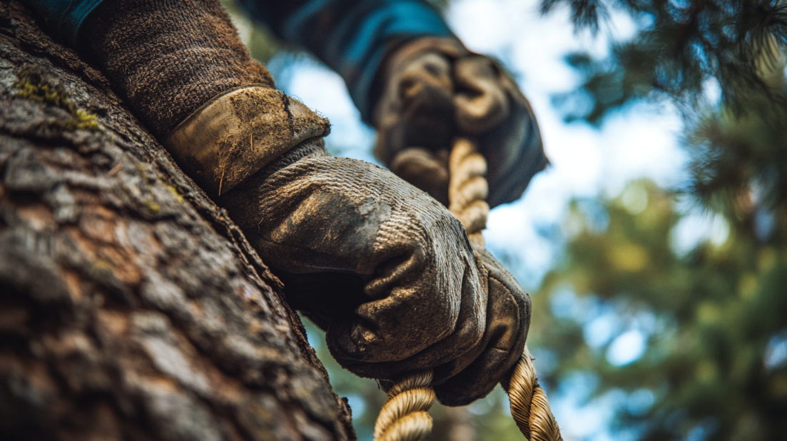 Close-up of gloved hands gripping a rope around a tree trunk, against a blurred background of leaves and sky.