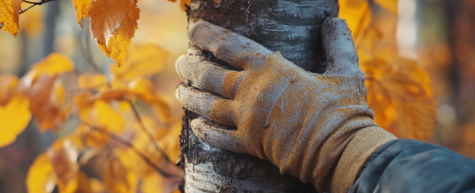 A gloved hand holds the trunk of a tree covered in autumn leaves.