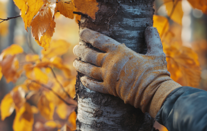 A gloved hand holds the trunk of a tree covered in autumn leaves.