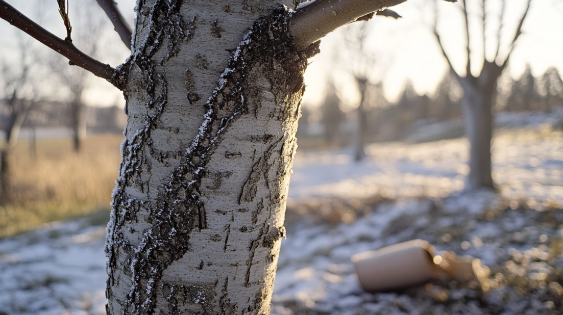 Close-up of a tree trunk with a blurry background featuring light snow on the ground, some grass, and a fallen container near another tree. The sun is low, casting a warm light.