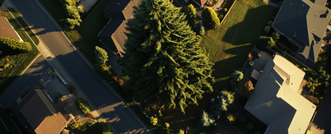 Aerial view of a suburban neighborhood with houses, lawns, and a large tree in the center. The streets and homes are aligned neatly, creating an organized pattern.