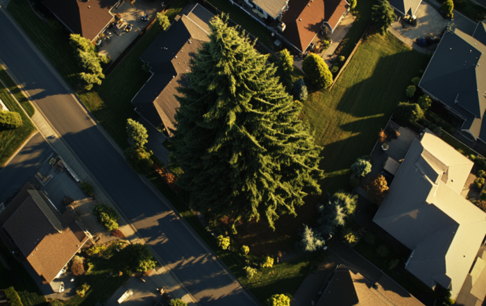 Aerial view of a suburban neighborhood with houses, lawns, and a large tree in the center. The streets and homes are aligned neatly, creating an organized pattern.