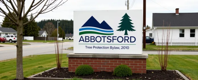 Sign for Abbotsford's Tree Protection Bylaw, 2010, on a brick platform with grass and shrubs. Houses and street in the background.