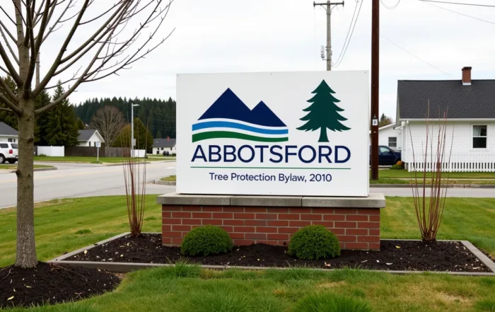 Sign for Abbotsford's Tree Protection Bylaw, 2010, on a brick platform with grass and shrubs. Houses and street in the background.