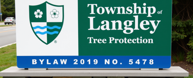 Sign for Township of Langley Tree Protection Bylaw 2019 No. 5478, featuring a shield with clovers and wave symbols, set against a background of trees and a stone base.