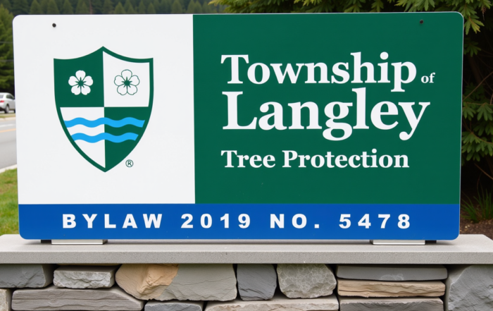 Sign for Township of Langley Tree Protection Bylaw 2019 No. 5478, featuring a shield with clovers and wave symbols, set against a background of trees and a stone base.