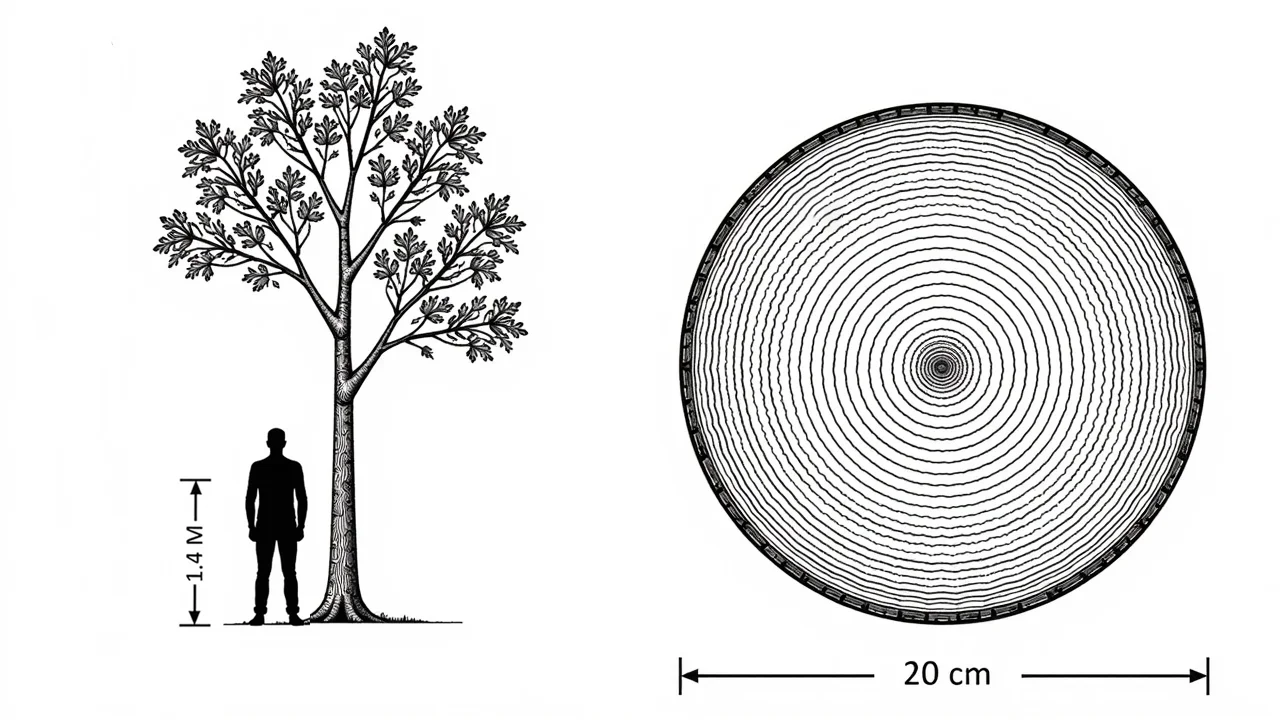 Illustration of a person next to a tree with dimensions and a cross-section of the tree trunk showing growth rings, labeled with a 20 cm diameter.