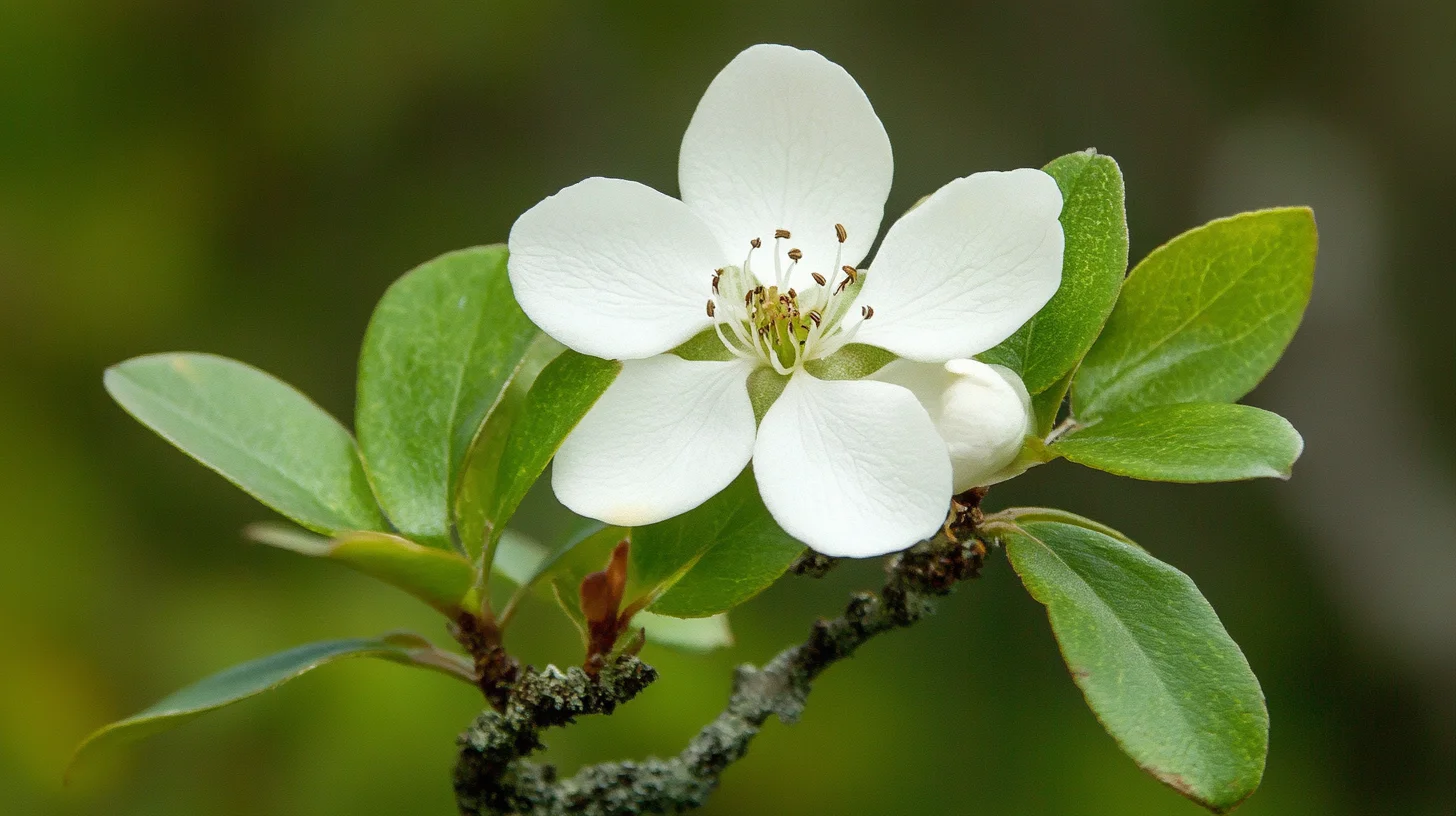 Close-up of a white flower with five petals on a branch, surrounded by green leaves, with a blurred green background.