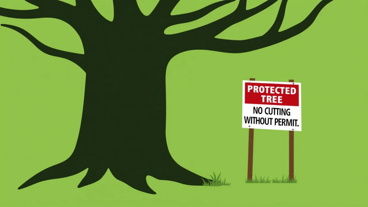 Illustration of a large tree with a sign that reads, "Protected Tree - No Cutting Without Permit" placed in the grass beside it.