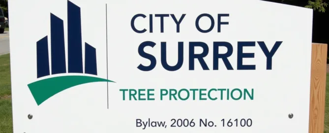 City of Surrey sign reading "Tree Protection Bylaw, 2006 No. 16100" with a graphic of buildings and a tree.