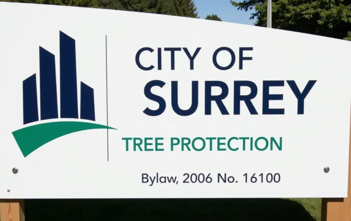 City of Surrey sign reading "Tree Protection Bylaw, 2006 No. 16100" with a graphic of buildings and a tree.