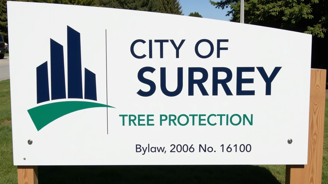 City of Surrey sign reading "Tree Protection Bylaw, 2006 No. 16100" with a graphic of buildings and a tree.