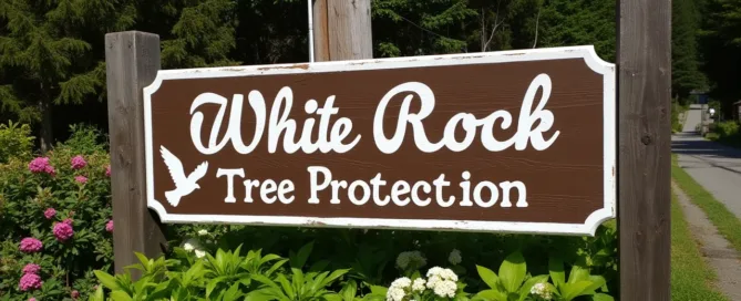 Sign reading "White Rock Tree Protection" surrounded by green plants and flowers.