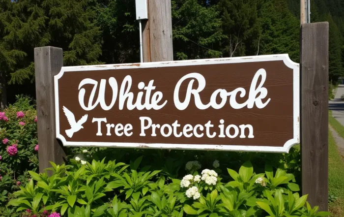 Sign reading "White Rock Tree Protection" surrounded by green plants and flowers.